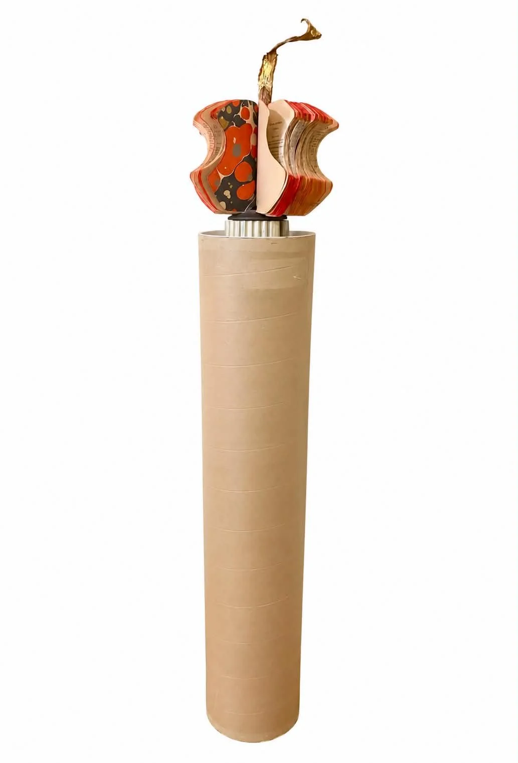 NEWTON'S APPLE ( with pedestal)
2026
Handcrafted -cut geometry books from the artist’s family collection, pastel powder, marbled papers, wood, natural leaf, gold leaf, cardboard tube, sanding stones
200 cm high × 40 cm diameter.