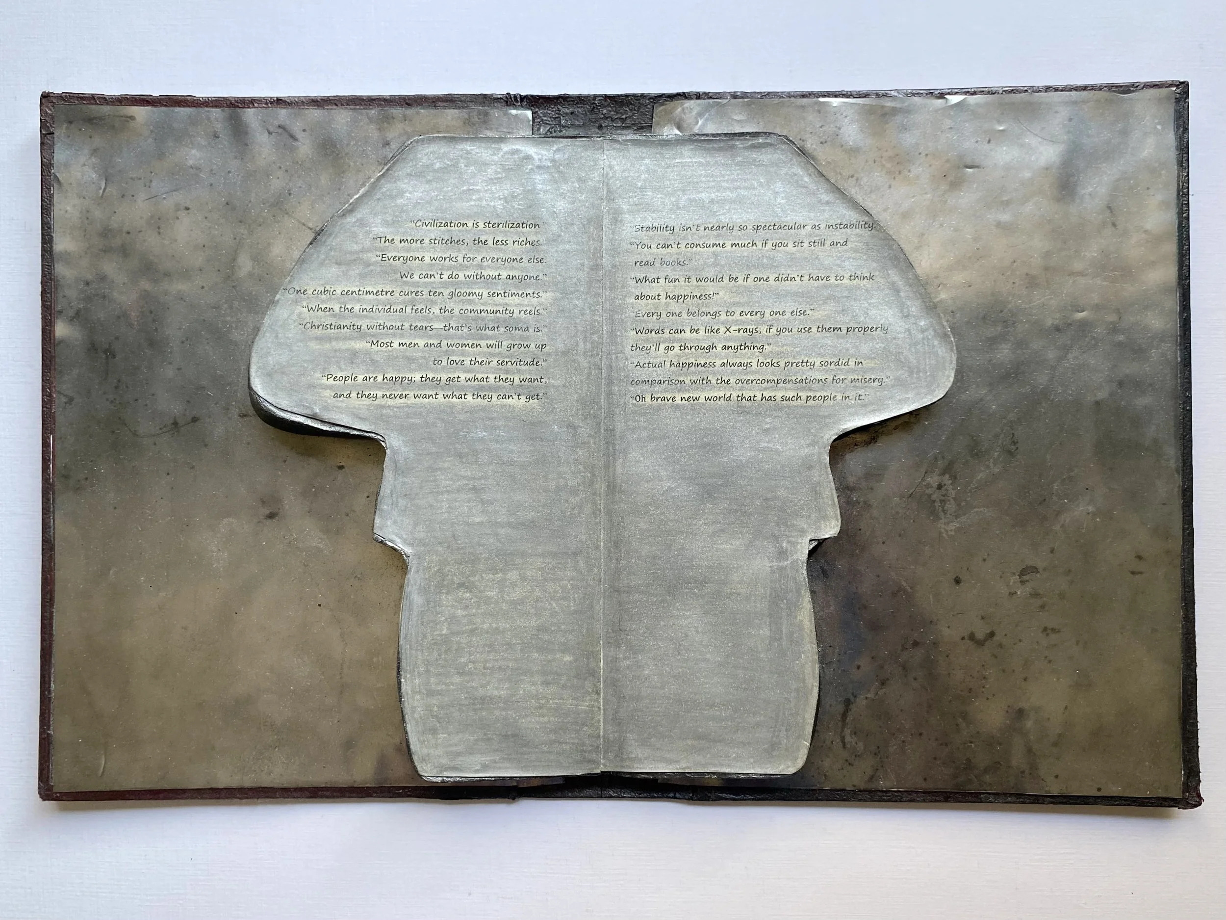 Censored – Brave New World, 2026.
Handcrafted and cut book, marbled paper, acrylic paint, and wood.
24 × 30 cm.
