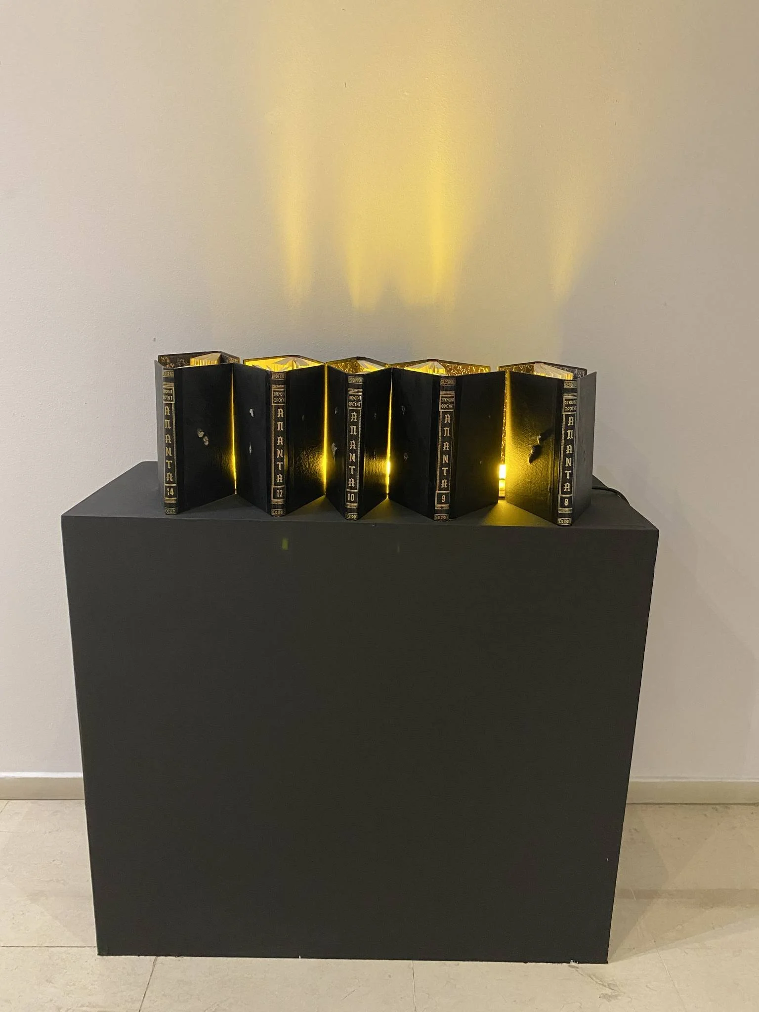 FREUD- COMPLETE VOLUMES (Wounded book series ), 2022
Bullet-riddled collector's editions of Freud's psychology volumes, neon light, 100x30x37 cm.