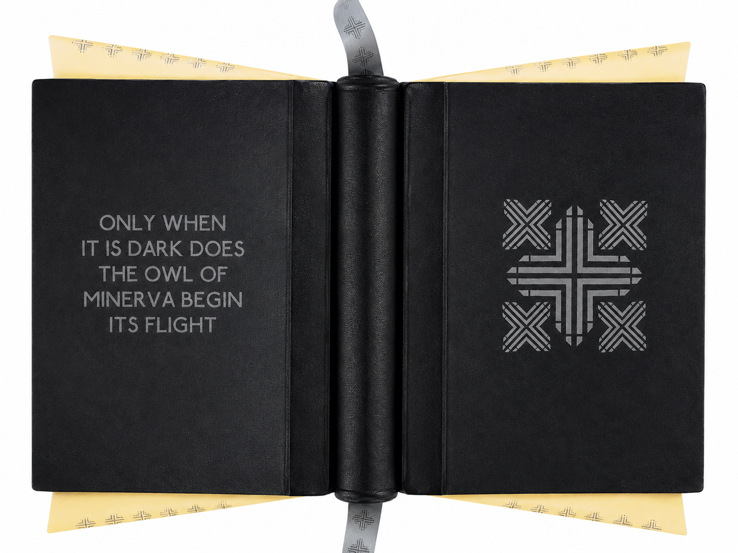ONLY WHEN ITS DARK DOES THE OWL OF MINERVA BEGIN ITS FLIGHT, 2011 , Screen printed leather bound book, printed ribbon with artist emblem, 40 x 50 cm 