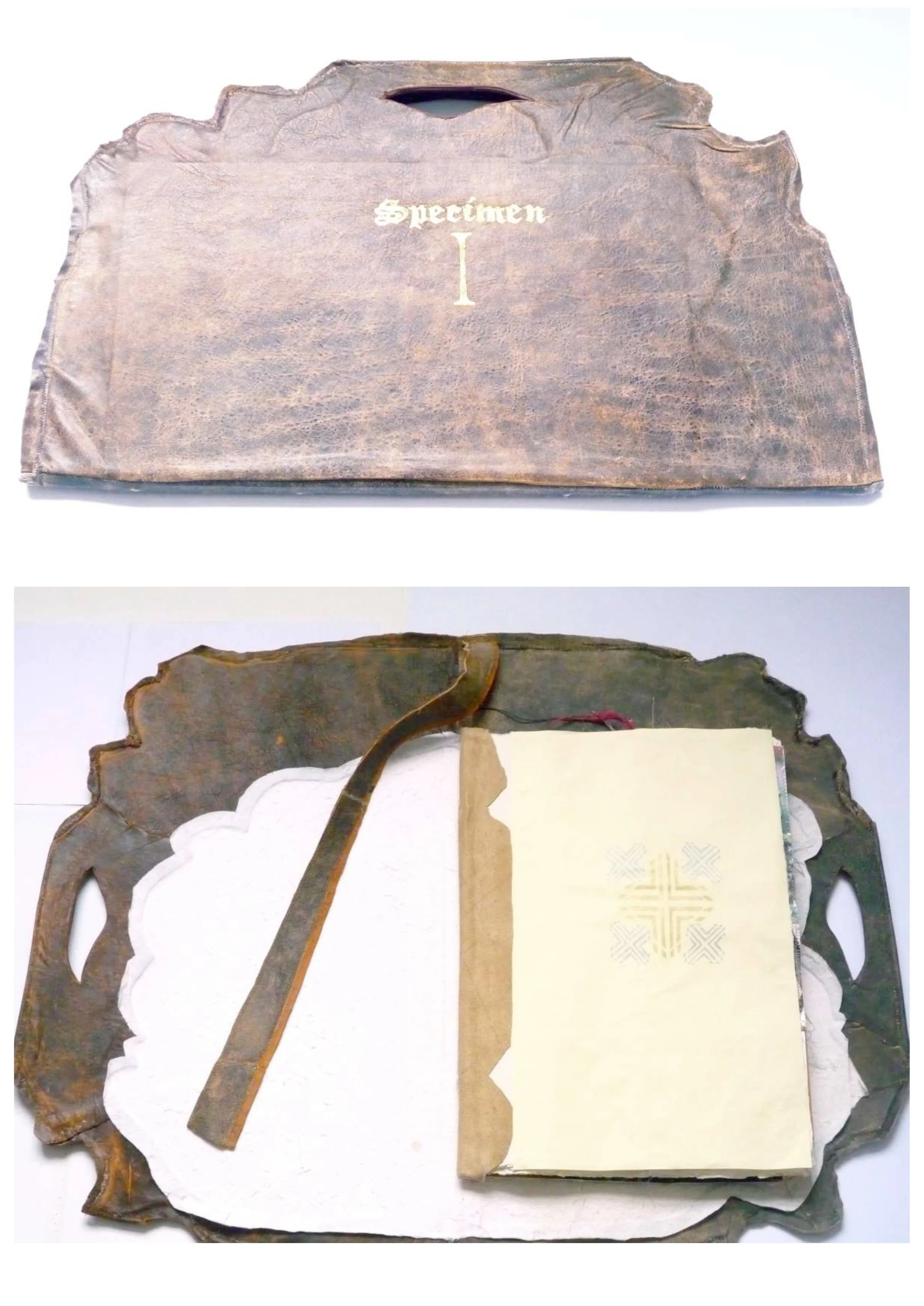 SPECIMEN I, 2005, Hand made leather-bound file bag, hand-stitched, analogue photographic archive, 400gsm paper, gold leaf lettering
60 x 40 cm 