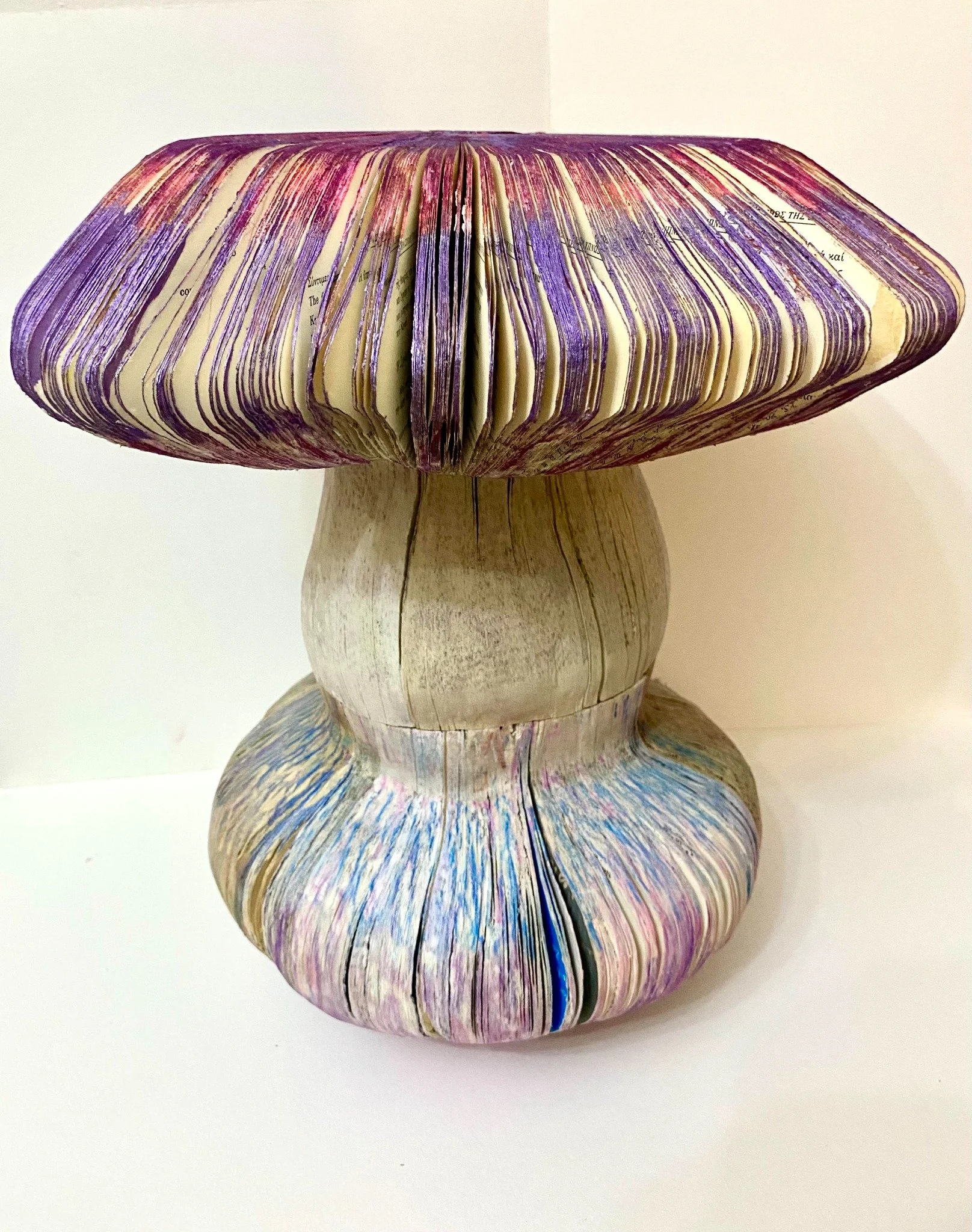 PURPEL DEATH CAP VERSUS EAST BROWN DEATH CAP (a), 2023 handmade, altered vintage books, pastel powder, 37 cm hight x 40 cm diameter
 