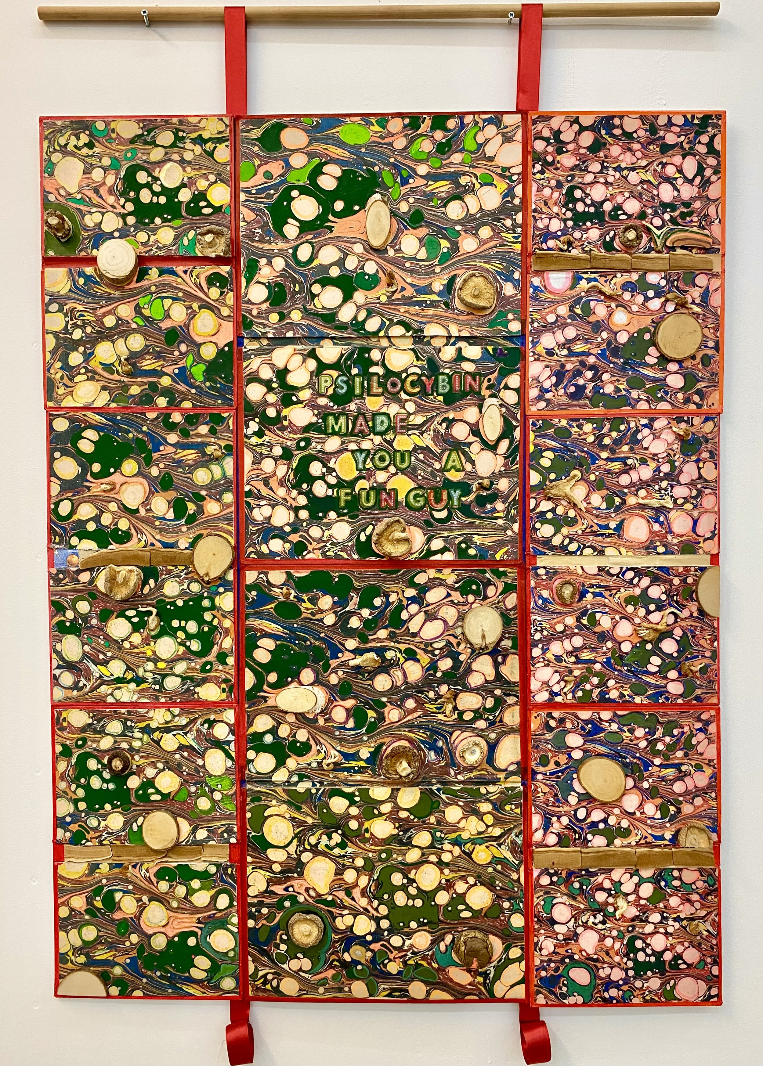 Psilocybin Made You a Fun-Guy XIV
2025
Vintage hardback books, marbled endpapers, wood, ribbons.
80 × 105 cm.
