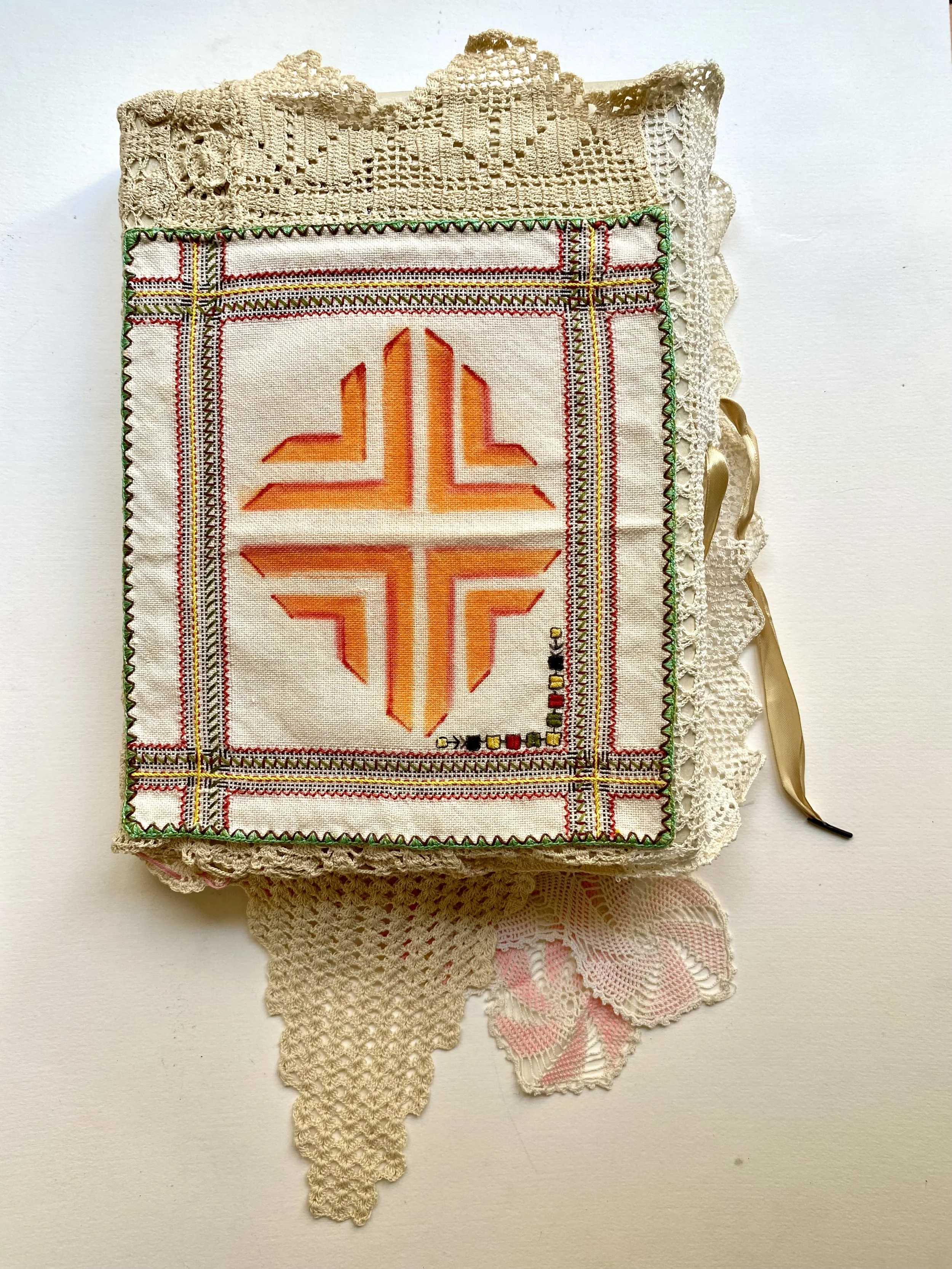 EMBROIDERY ENCYCLOPAEDIA, 2020
Altered Embroidery Encyclopaedia ( Greek edition 1970 ) with 60 embedded hand-Knitted Patterns Designs, 24 x 32 x 3 cm 