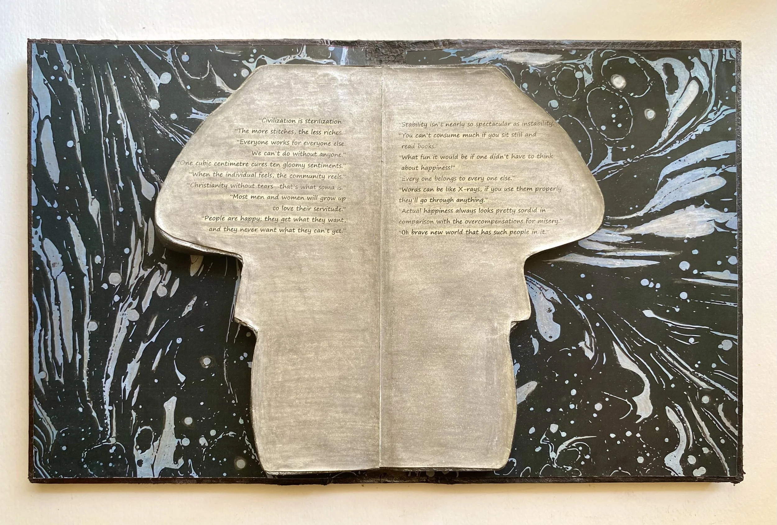 CENSORED- FUNGI– Brave New World, 2026.
Handcrafted and cut book, marbled paper, acrylic paint, and wood.
26 × 42 x 1 cm.