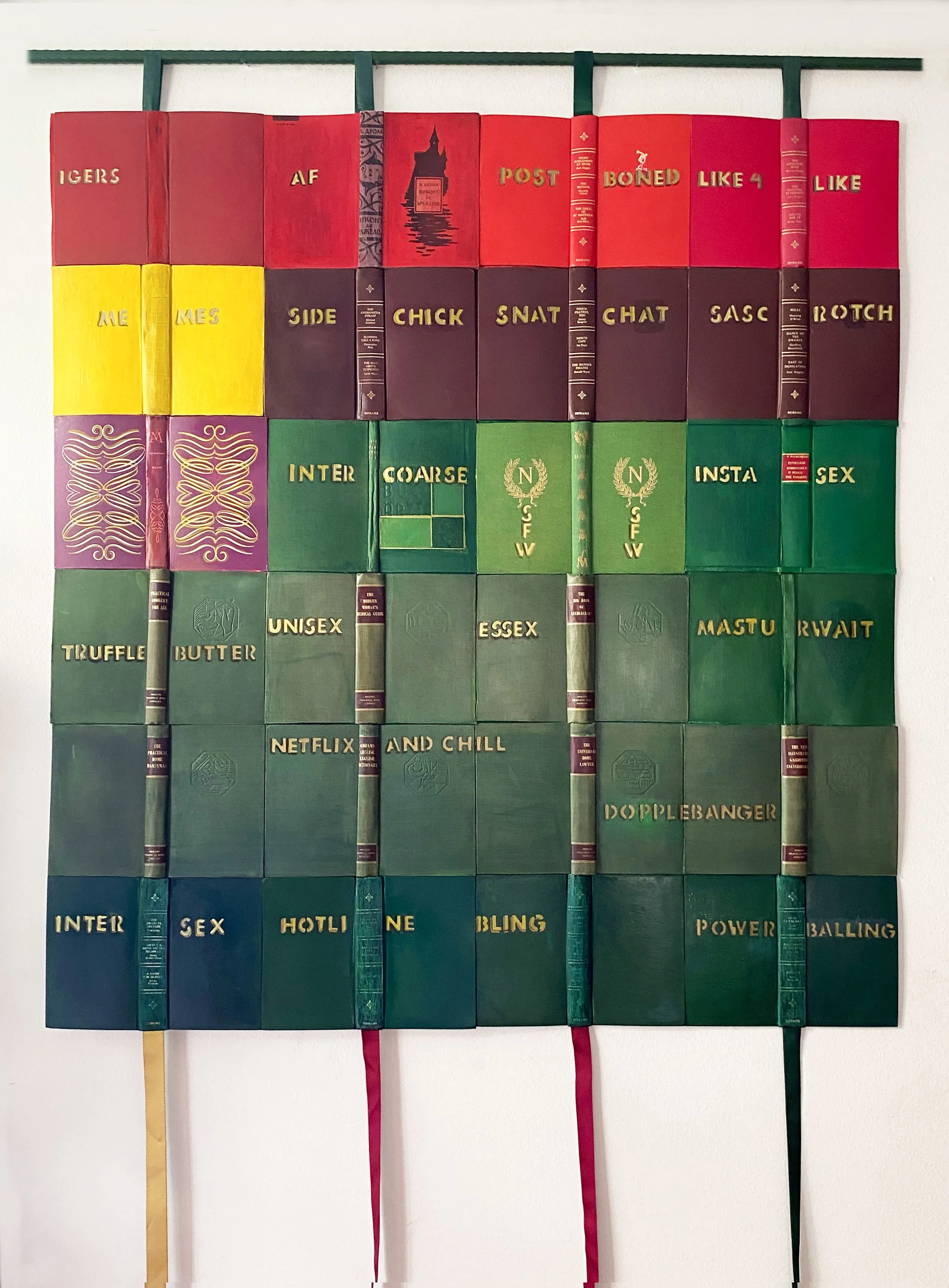 AF BOOKSCAPE VI, 2022
Vintage collectible hardbacks, ribbons, wood, acrylic letters.
123 × 115 cm