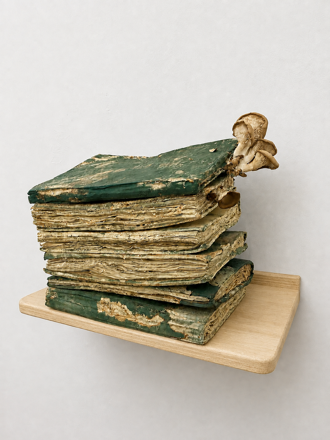OYSTERS SPROUTING FROM GRANDAS FORESTRY BOOKS , 2025 
Oyster spores, forestry studies of holy mountain (1960’s) , wooden shelf , 50 x 40 x 30 cm ( included shelf)