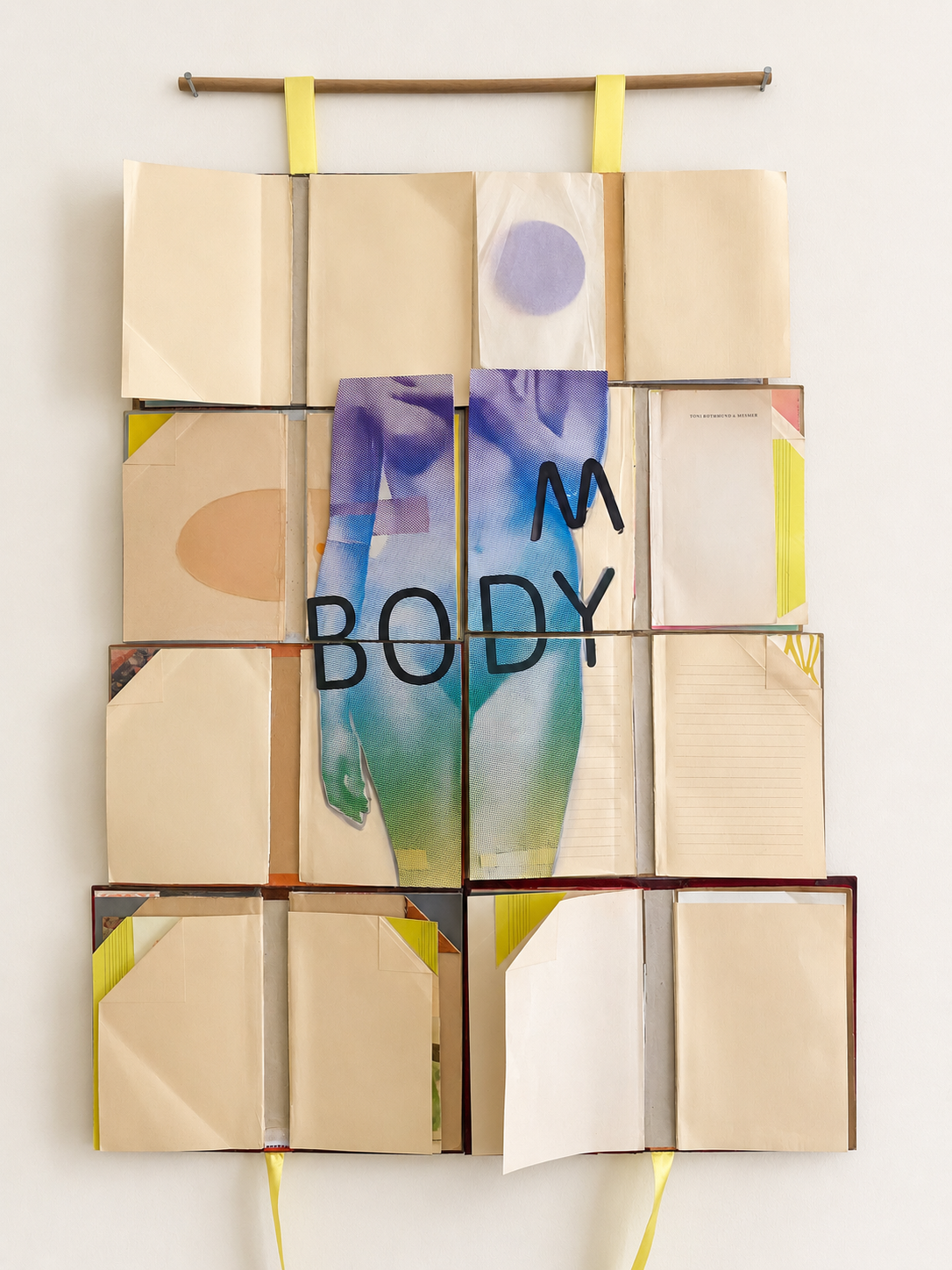 MY BODY - BOOKSCAPE XX , 2026 
Vintage book covers, pages, endpapers, collage, ribbons, acrylic, wood.
87 x 62 cm 
