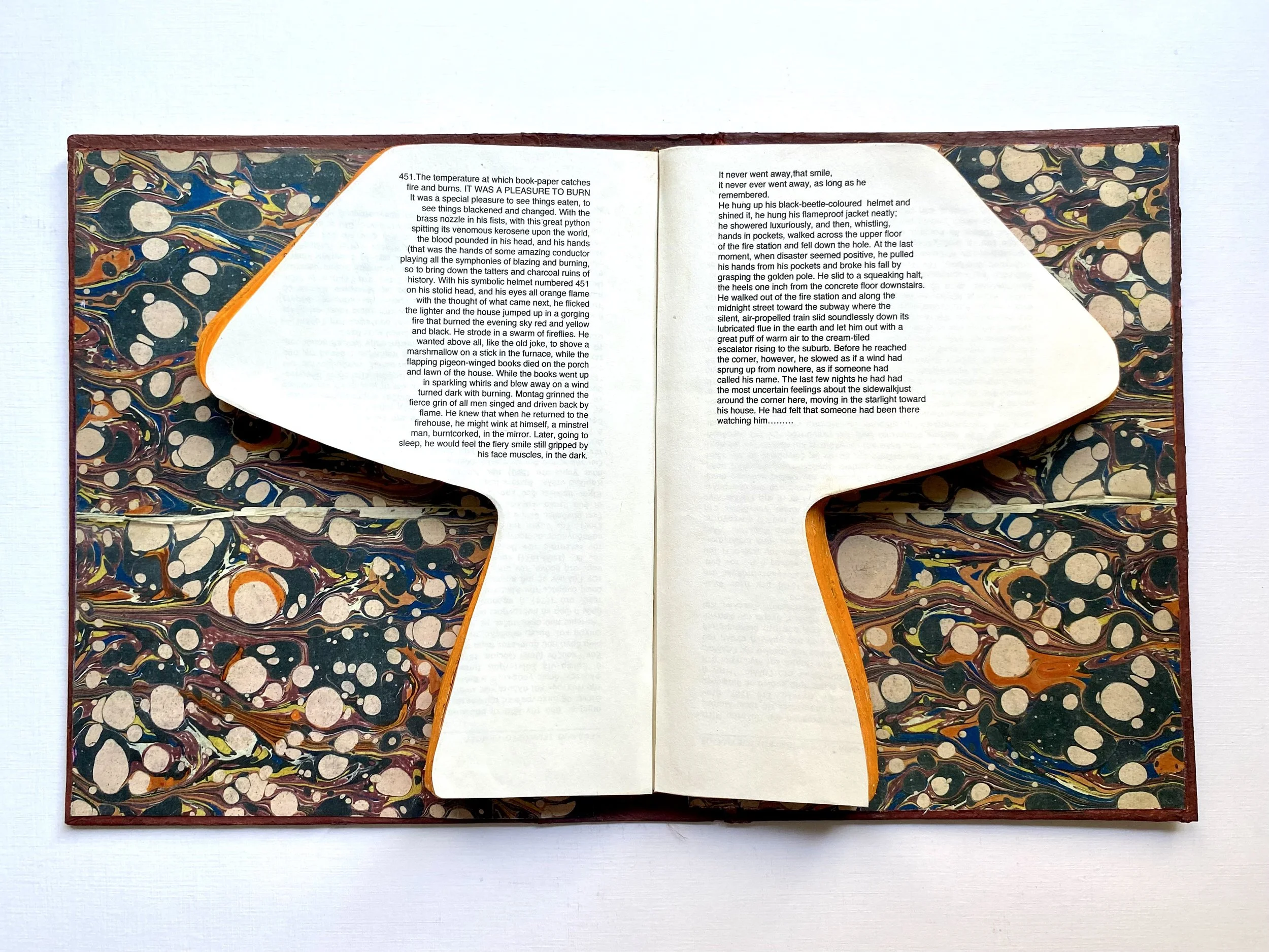 Censored – Fahrenheit 451, 2026. Handcrafted and cut book, marbled paper, acrylic paint, and wood.
24 × 30 cm.
