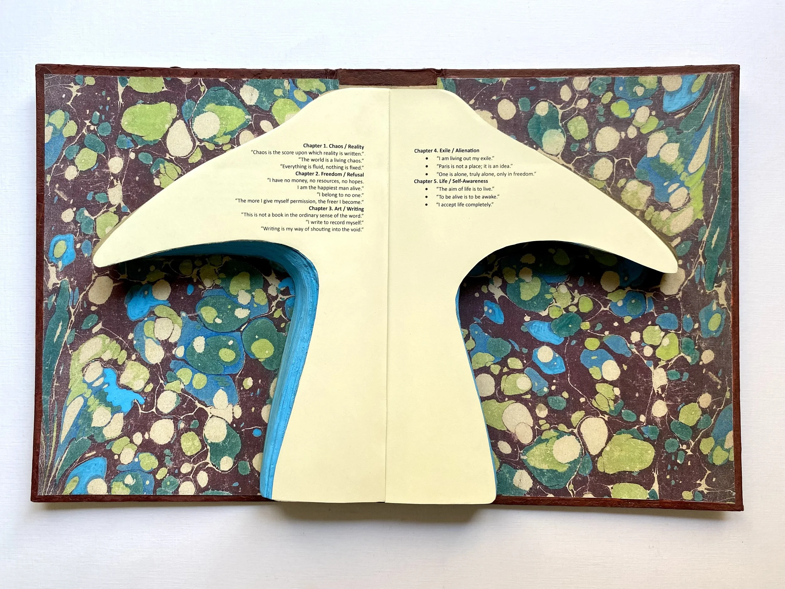 Censored – Tropic of Cancer, 2026.
Handcrafted and cut book, marbled paper, acrylic paint, and wood.
24 × 30 cm.
