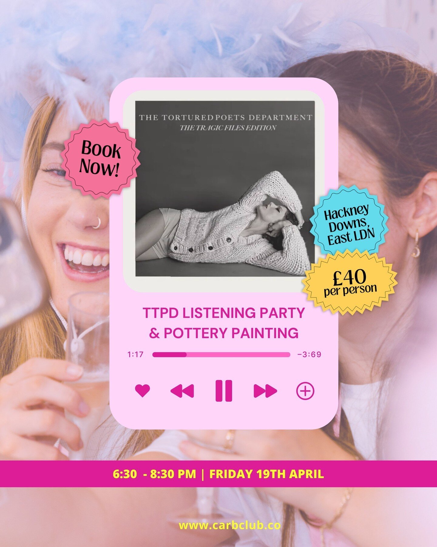 6:30 PM | FRIDAY 19TH APRIL⁠
⁠
Want to do something fun and wholesome to celebrate Taylor&rsquo;s new album &lsquo;The Tortured Poet&rsquo;s Department&rsquo;? Join us for our pottery painting and listening party in Hackney Downs where you&rsquo;ll h