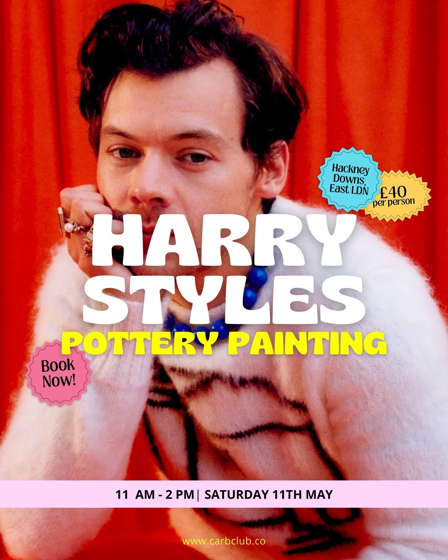 11 AM - 2 PM SATURDAY 11TH MAY ⁠
⁠
Paint Your Own Pieces but make it Harry Styles themed 💅⁠
⁠
We will be playing all of Harry Styles&rsquo; albums in full while you get your creative juices flowing by pottery painting in our vibey East London studio