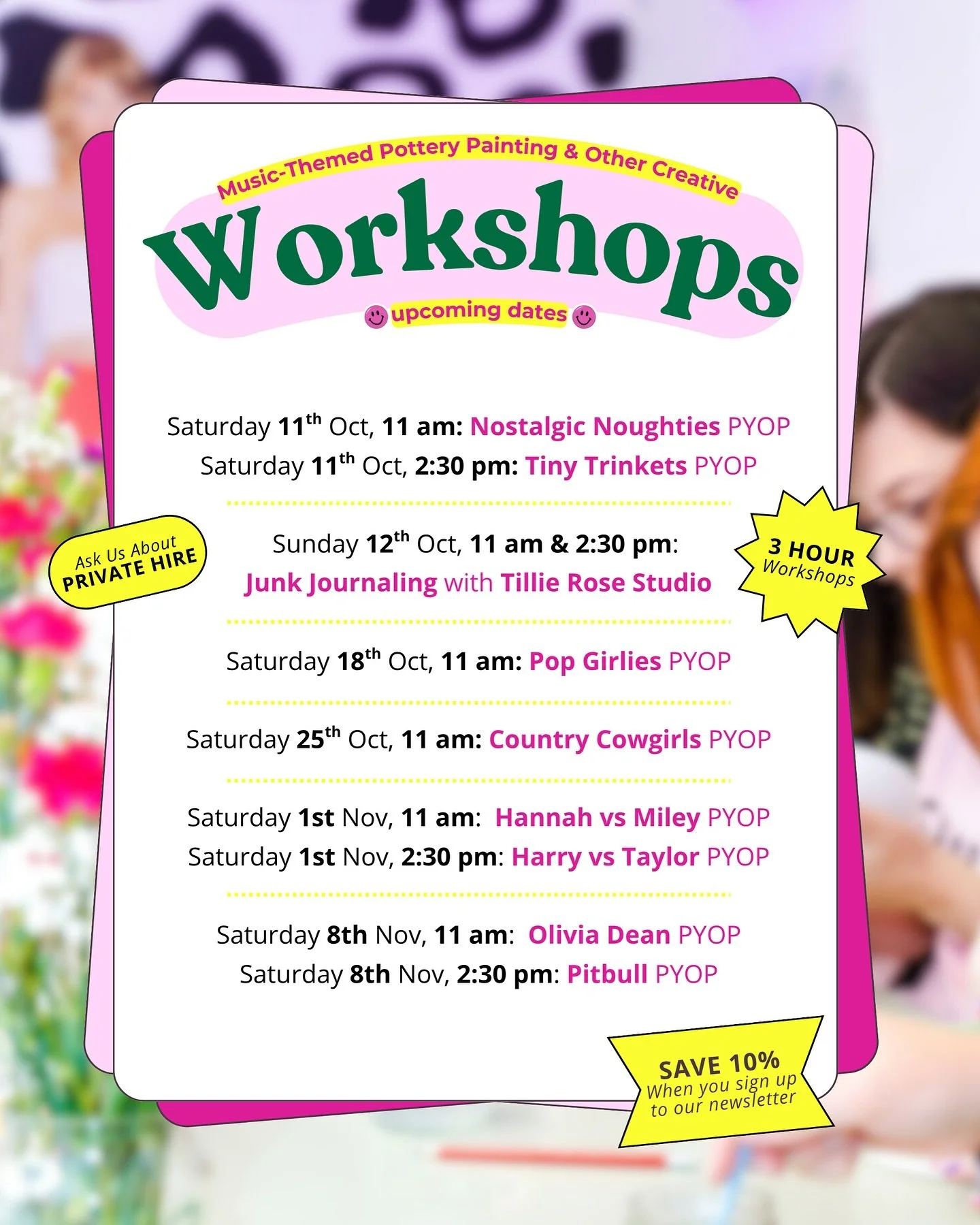 Open your calendar app, our upcoming workshop dates are liiiiive 💫

💿 Sat 11th Oct, 11 am: Nostalgic Noughties PYOP
🐛 Sat 11th Oct, 2:30 pm: Tiny Trinkets PYOP

✂️ Sun 12th Oct, 11 am &amp; 2:30 pm: 
Junk Journaling with @tillierosestudio 

🎤 Sat