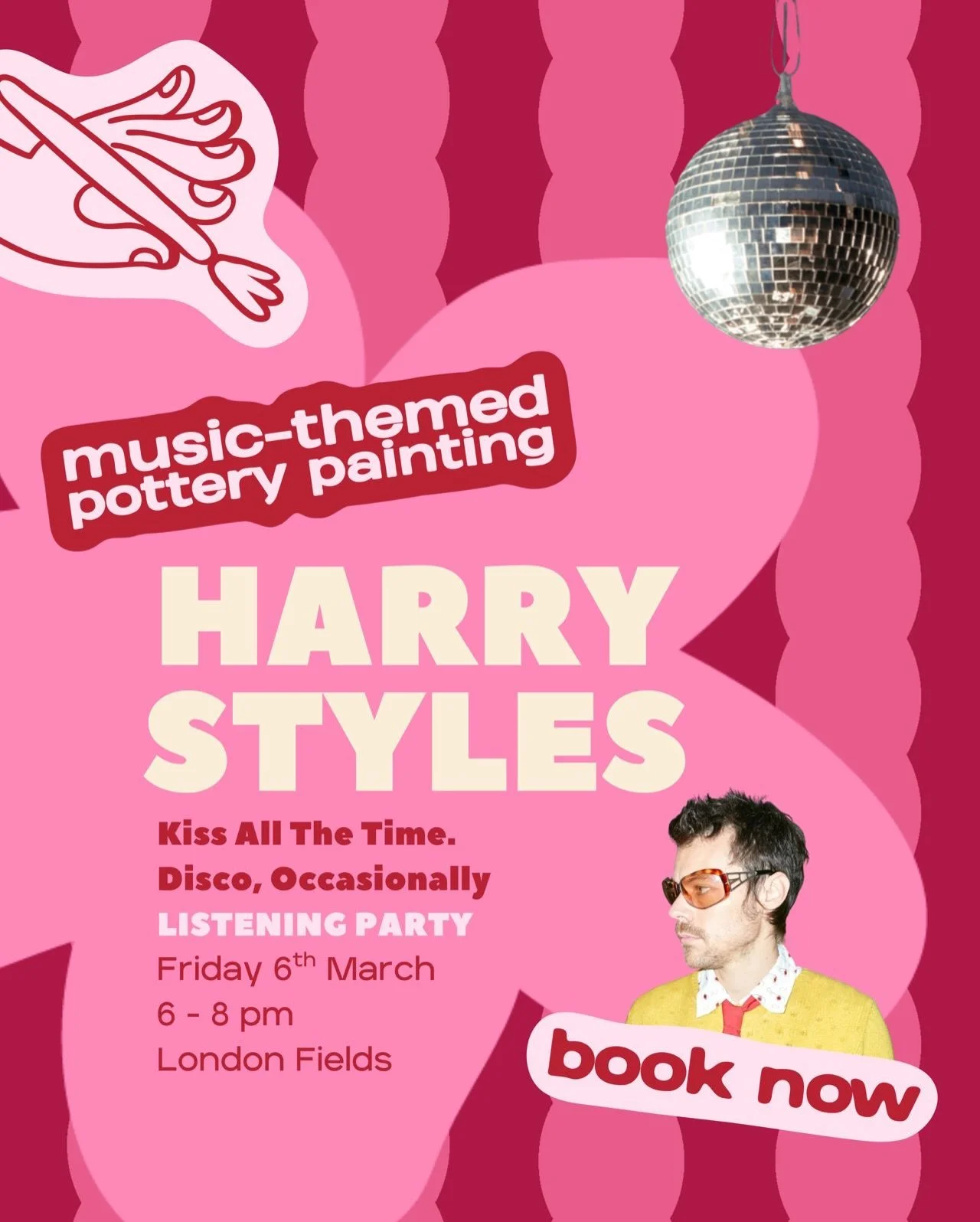 HS4? We are SO back!!! 💿✨

Join us as we celebrate the return of Harry Styles and his brand new album Kiss All The Time. Disco, occasionally with our iconic pottery painting listening party.

The best part? Everyone is sat around one big table, so t