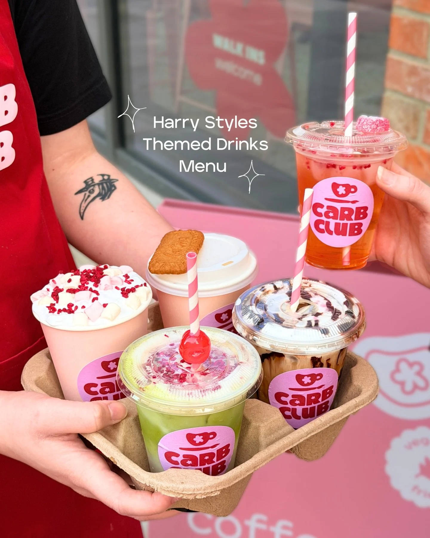 Harry Styles themed drinks menu, live from tomorrow to celebrate the release of Kiss All The Time, Disco Occasionally 💋🪩 

CHERRY
Iced cherry matcha, topped with foamed milk, served with a glacier cherry on the rim 🍒 

LOVE OF MY LATTE
White choco