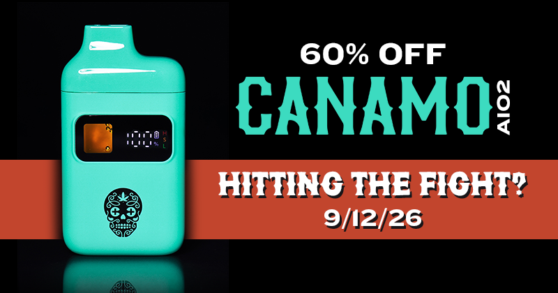 A teal-colored vape device for cannabis consumption with a digital display, a skull logo, and promotional text offering 60% off on Canamo products on September 12, 2026, with a background in black and a red banner.
