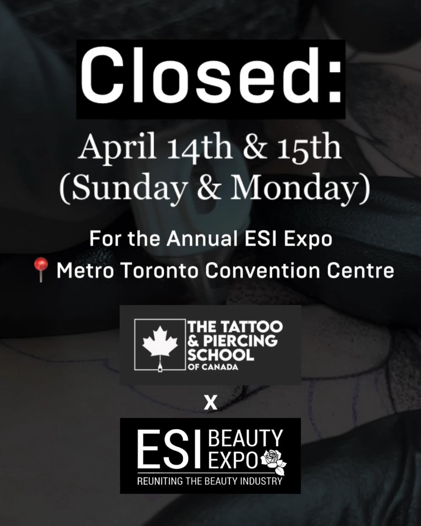 Two days left until the @esispashow Toronto! We&rsquo;ll be joining the Tattoo &amp; Piercing School of Canada April 14th &amp; 15th to be a part of this annual convention.

Piercings and Tattoos will be available by our Artists from Exquizeet. Join 