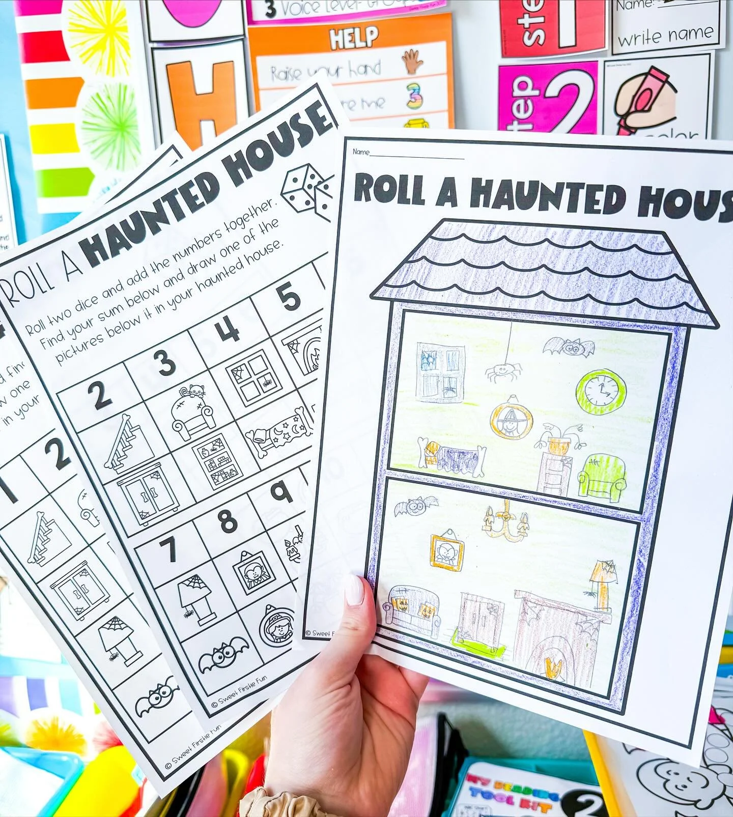 The cutest new math activity to practice fact fluency or number recognition! Just roll the dice, add your numbers, and design your haunted house! Comment HOUSE and I&rsquo;ll send the link! 

This is such a fun fast finisher or math center activity!