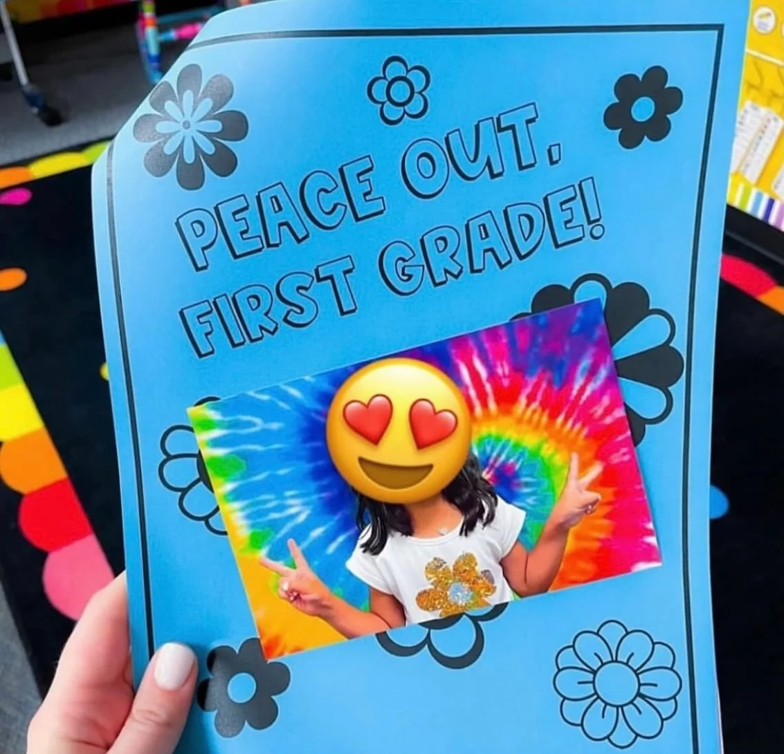 Peace out, first grade! Drop the word PEACE below and l&rsquo;Il send you the link to my Editable End of Year Memory Books!

I love hanging up a piece of green butcher paper, snapping my littles&rsquo; pics, and using a green screen app to make these
