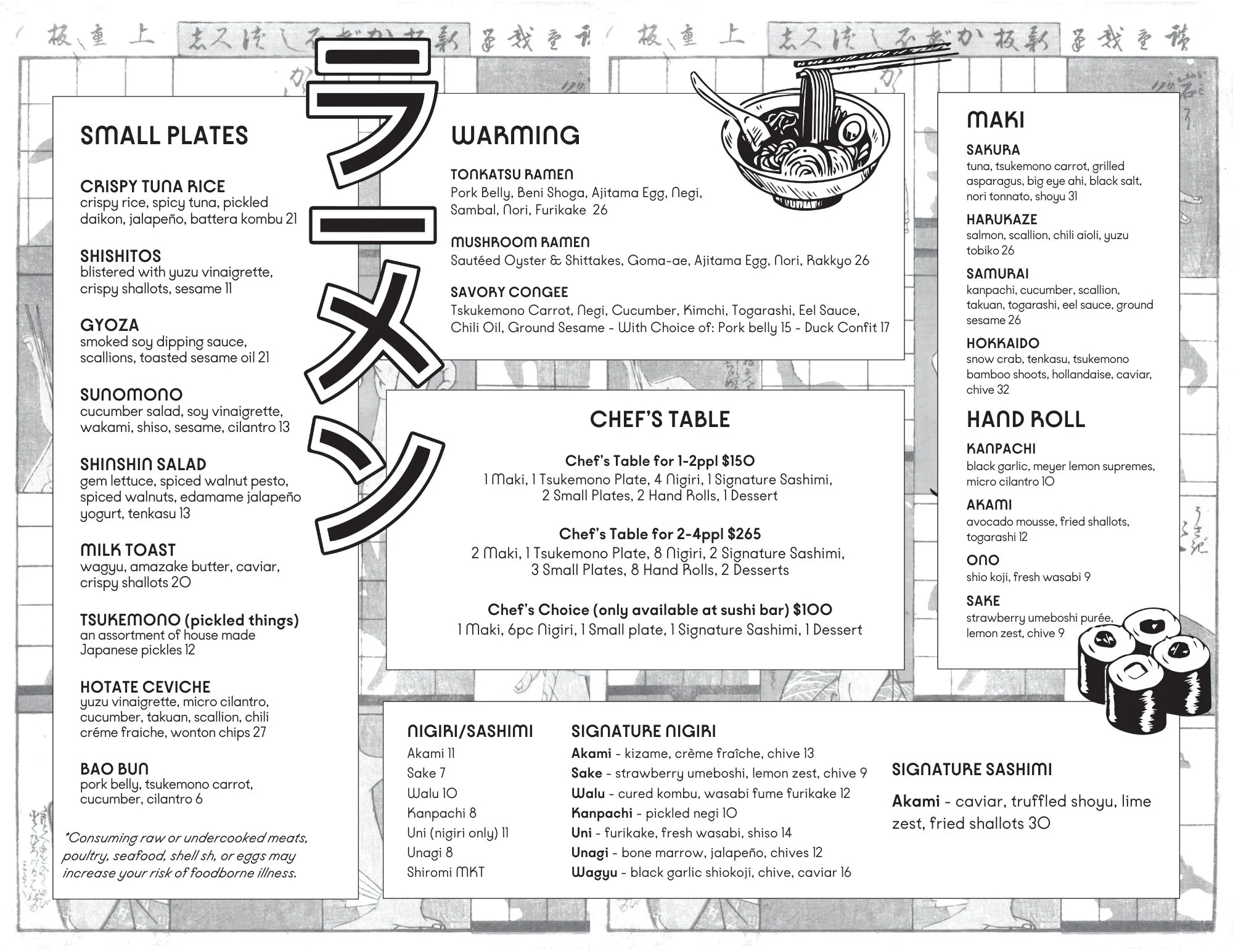A Japanese restaurant menu featuring sections for small plates, warming dishes, chef's table options, and various sushi and sashimi. The menu includes items like crispy tuna rice, gyoza, shishito, and maki rolls such as Sakura, Harukaze, and Samurai. It also offers nigiri, signature nigiri, and signature sashimi with prices listed.