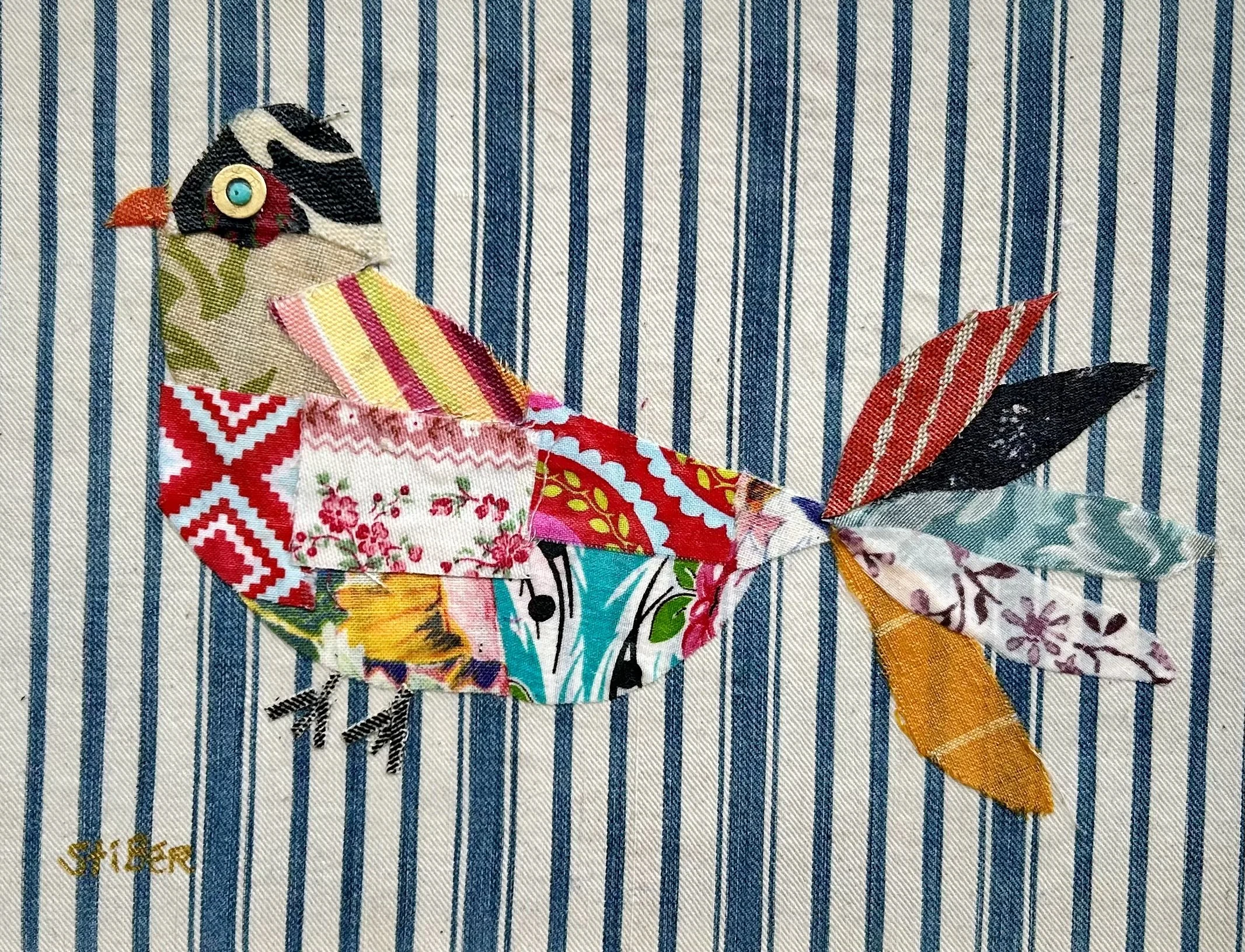 Bird Fabric Collage Art Print 8x10" with 11x14" white mat