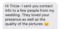 Screenshot of a message from Tricia expressing appreciation for the contact info and the wedding pictures.