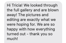 Text message or note about a happy experience, mentioning looking through a gallery, pictures and editing, and feeling grateful.