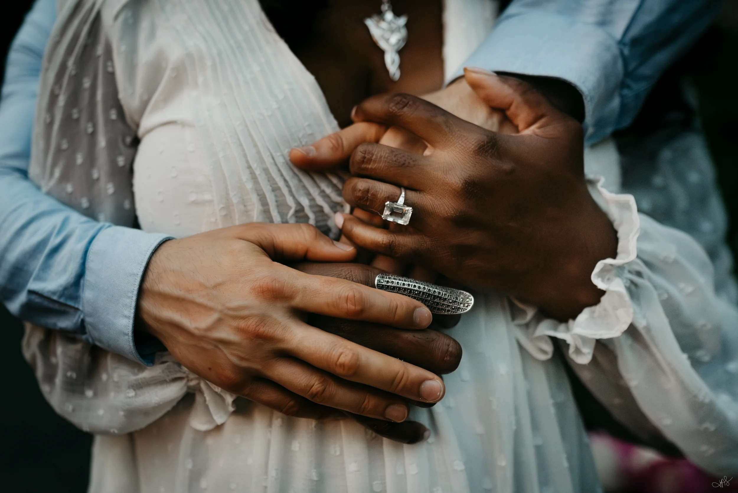 Close-up of hands holding each other, showing a silver ring with a large gemstone on one finger, against the background of a dress and suit.