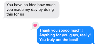 Screenshot of a text message conversation showing a thank you message and an appreciative response.