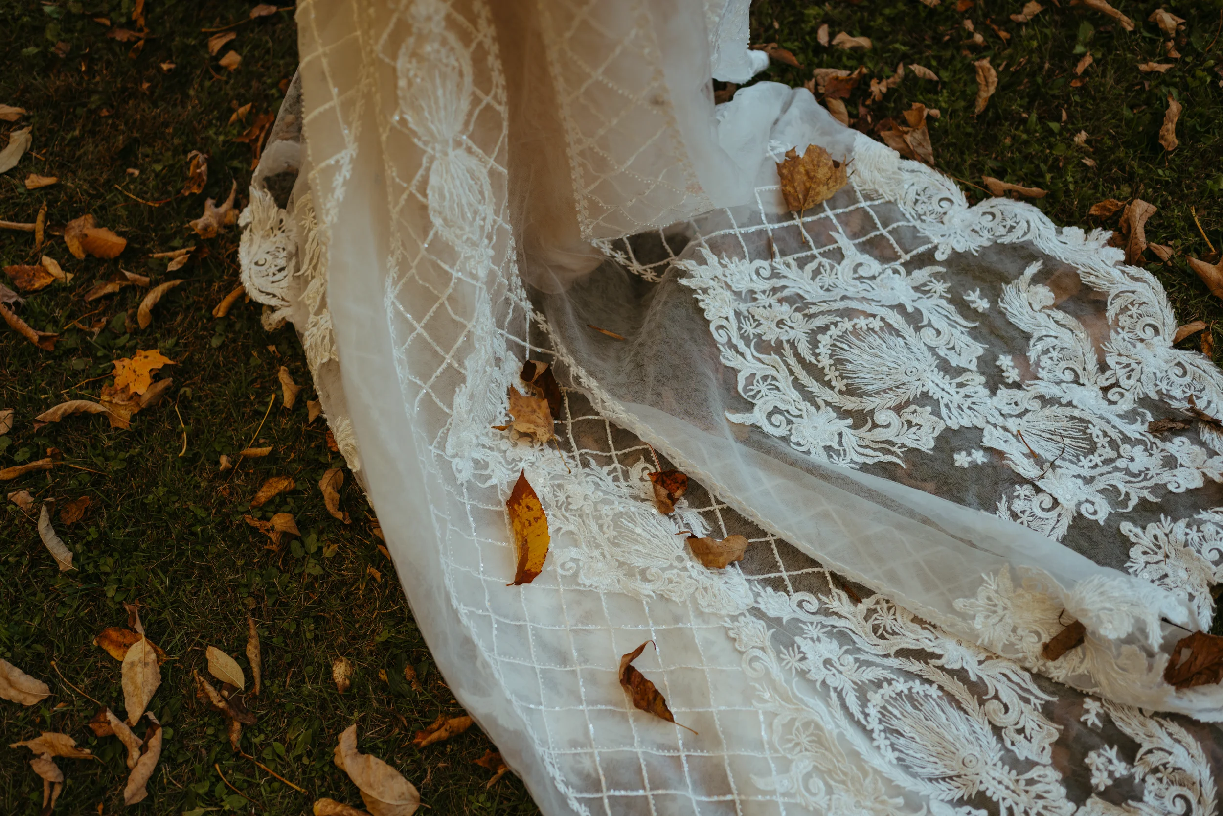 A delicate white lace wedding veil with intricate embroidery, lying on grass with fallen autumn leaves.