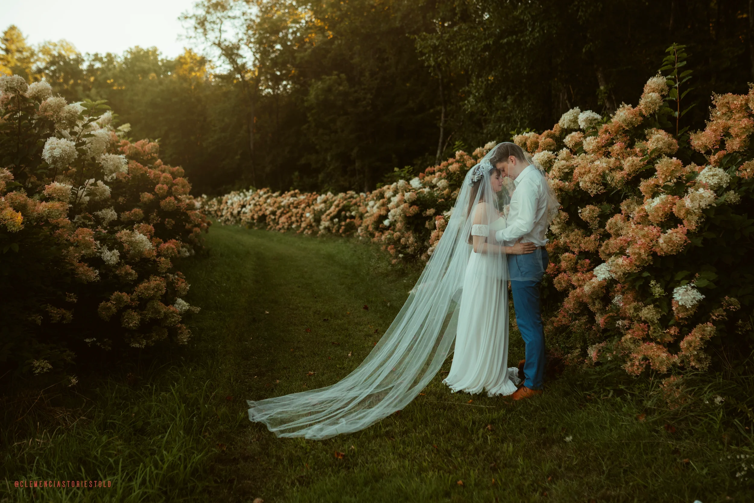 A bride and groom embrace on a grassy path surrounded by blooming bushes with pink and white flowers, during sunset in a forested area.