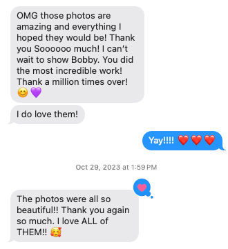 Screenshot of a text message conversation expressing excitement and love for photos, with emojis and positive comments.