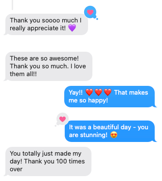 Screen shot of a text message conversation expressing gratitude and happiness, featuring multiple messages with emojis.