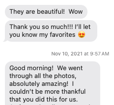 A screenshot of a text message conversation expressing admiration for a photoshoot or event, mentioning thankfulness and excitement for sharing favorites.