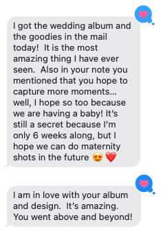 Screenshot of a text message conversation about celebrating a wedding album and maternity shots, expressing excitement and love.