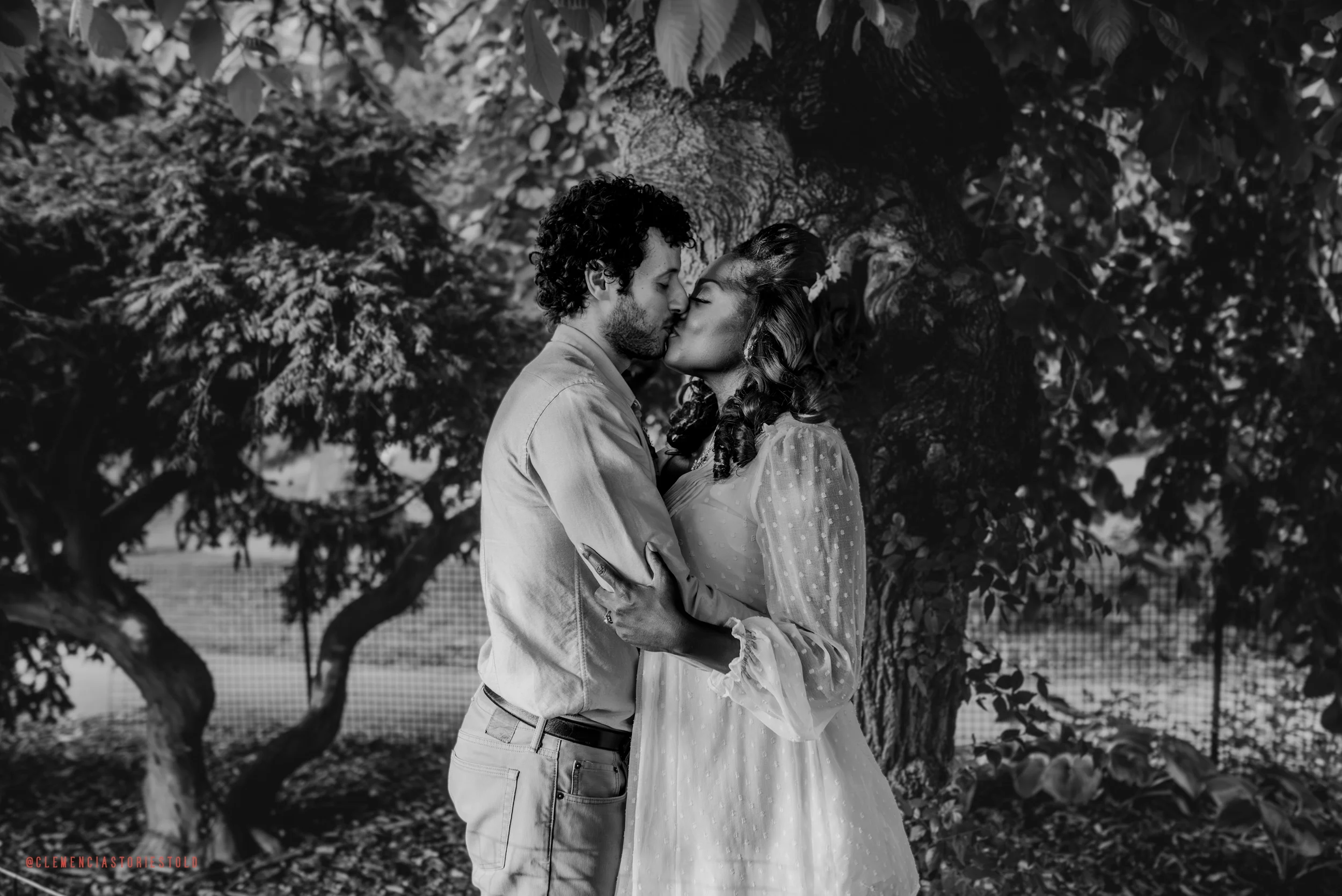 A black and white photograph of a couple kissing in front of a large tree, with a background of fencing and a natural outdoor setting.