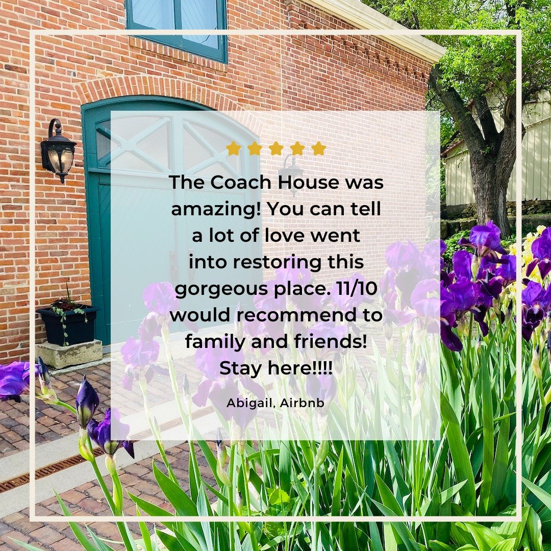 11 out of 10! Thank you Abigail!

&ldquo;The Coach House was amazing! You can tell a lot of love went into restoring this gorgeous place. 11/10 would recommend to family and friends! Stay here!!!!&rdquo;

The circa 1850s Coach House offers guests a p