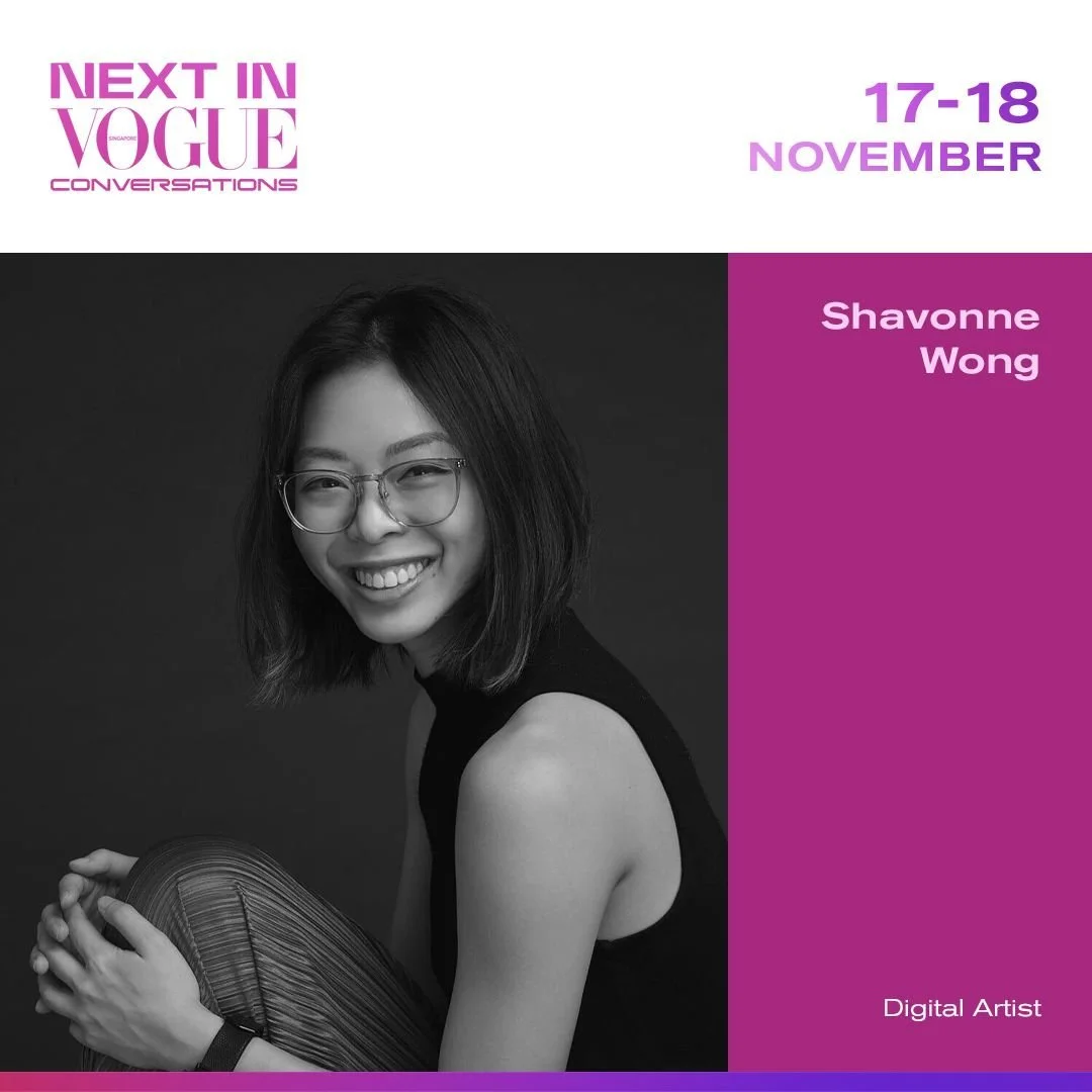 Speaker announcement for Shavonne Wong at Next in Vogue Conversations, a two-day event celebrating emerging voices in fashion and technology.