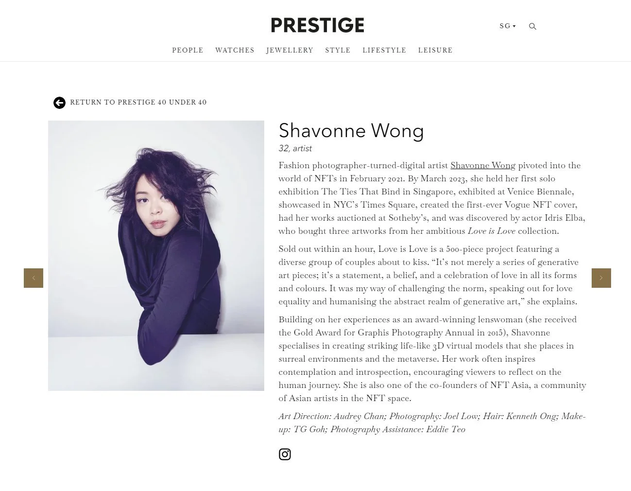 Shavonne Wong’s profile in Prestige’s 40 Under 40 list, recognizing her contributions to digital art, NFTs, and virtual model innovation.