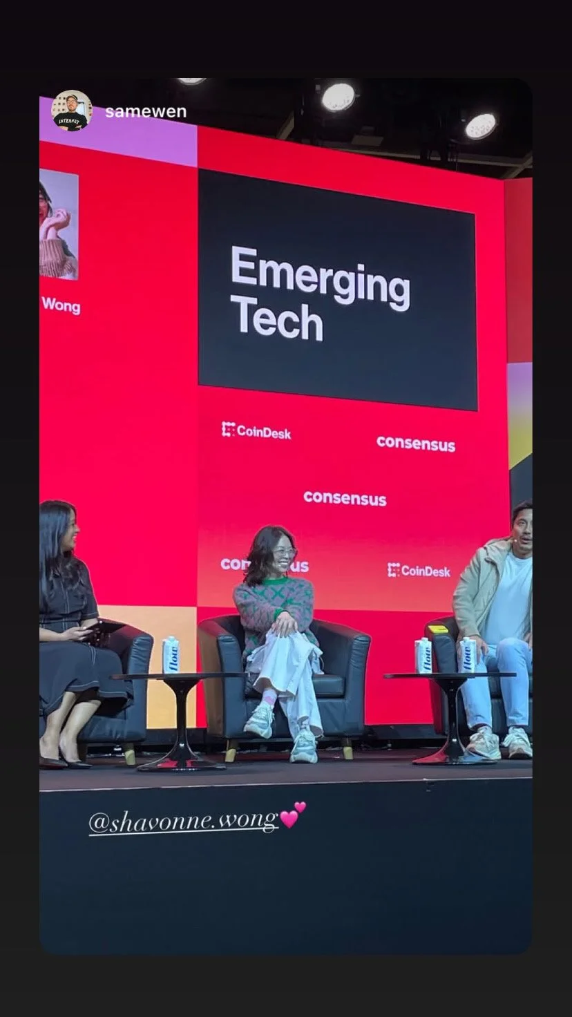 Shavonne Wong speaking on the “Art, AI & the Future of Creativity” panel at Consensus Hong Kong 2025, hosted by CoinDesk on the Emerging Tech Stage.