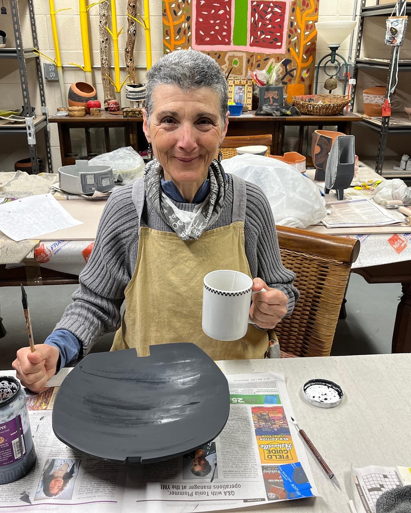 This is my favorite space. The piece is made, the underglaze is drying. NOW ready for the sgraffito. (Carving through that black underglaze) #odysseycoopgallery #marslandinggalleries #kenilworthartistsassociation #ashevillemarquee #sandhillartistscol