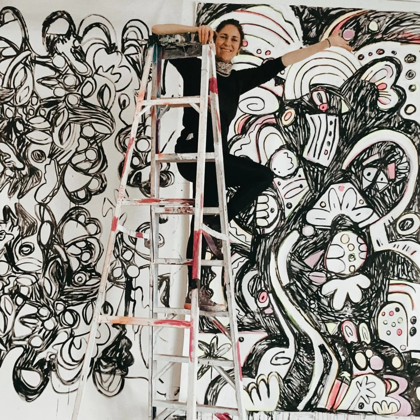 Get into what you love. Things I love: drawing, ladders, music, and large canvases. February, 2026. #publicart #artist #pittsburgh 🎨💜