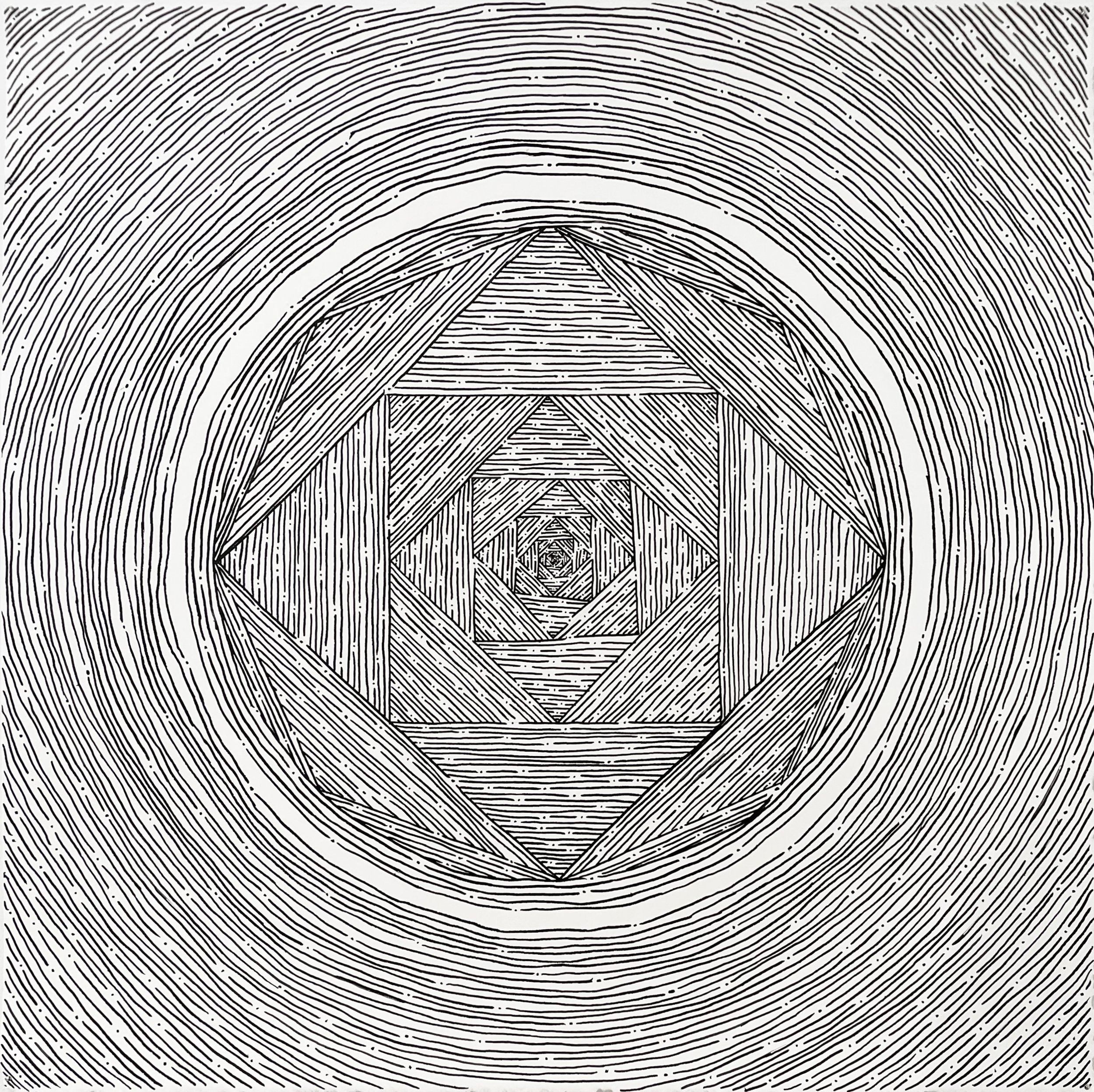 Piece titled "Circle One". Black ink on watercolor paper depicting a circle with squares inside.