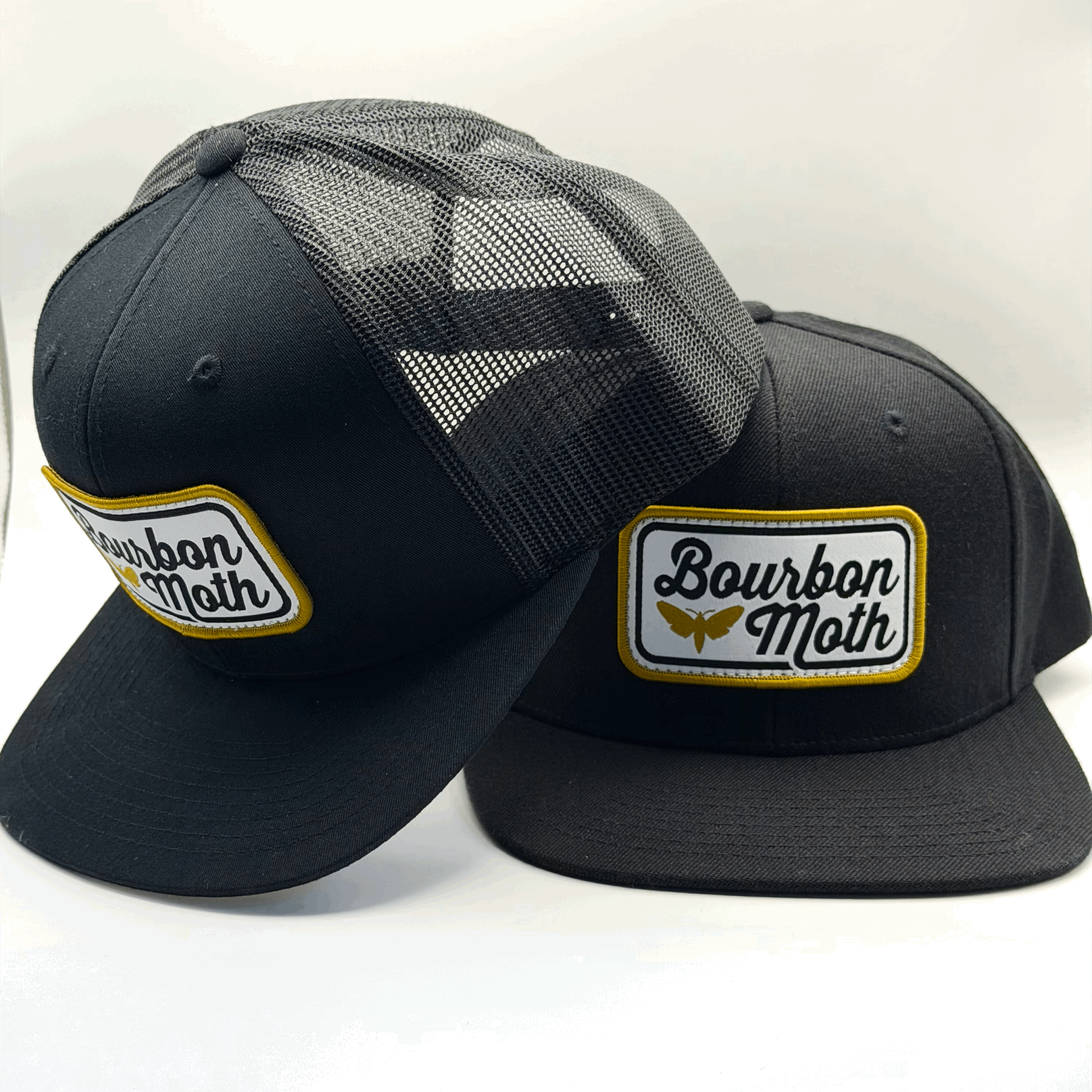 Black Flat Bill Hat (also in Mesh)- Golden Moth Patch