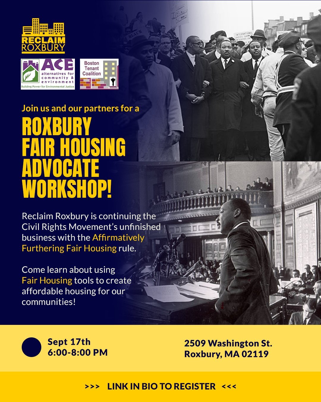 Come learn about how Reclaim Roxbury is advocating for Fair Housing in Boston, building on Martin Luther King Jr's legacy of housing justice! You can register at the link in our bio.