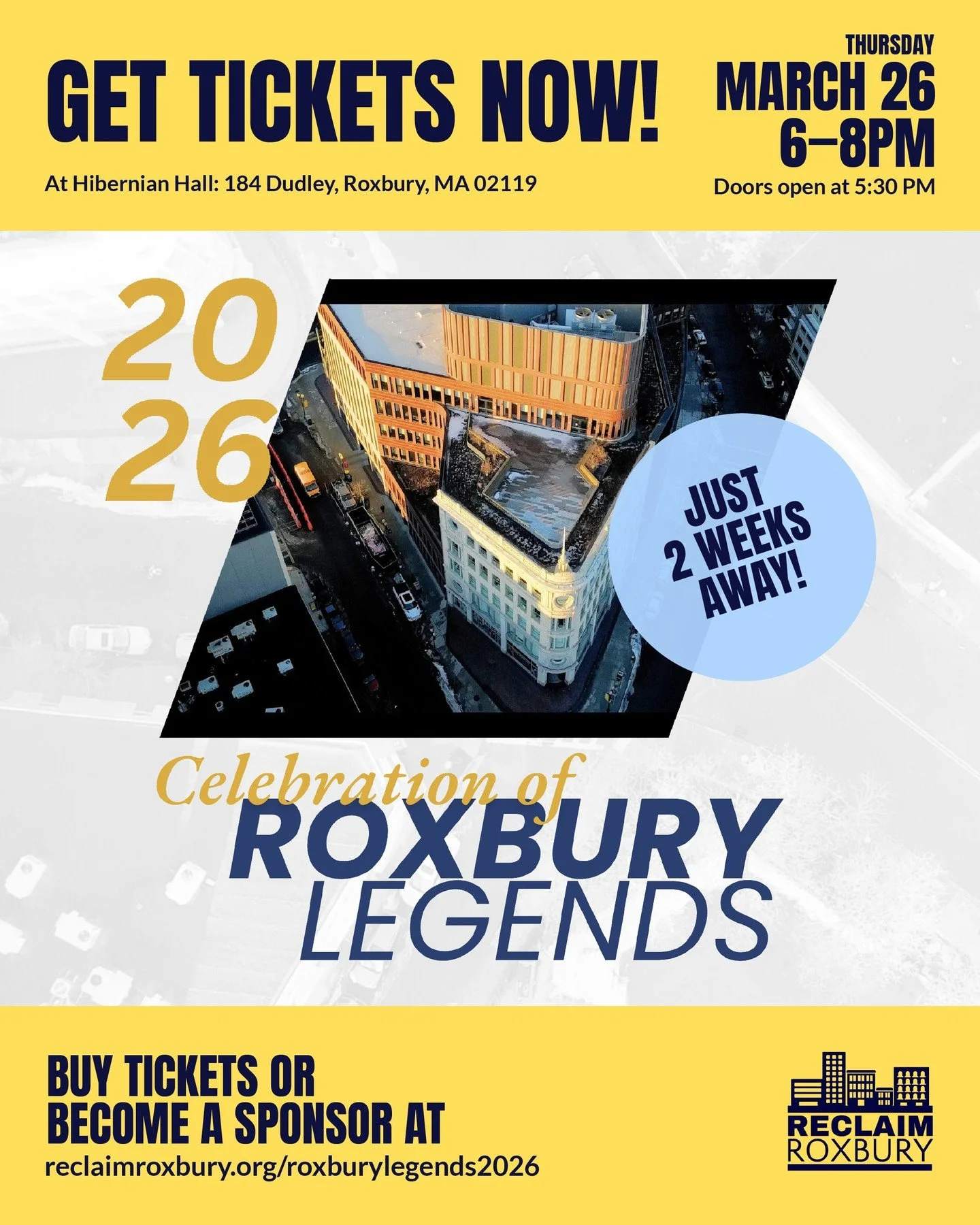 ⏳ We&rsquo;re just 2 weeks away! Join us for the Celebration of Roxbury Legends on Thursday, March 26th.

Doors open at 5:30 PM | Program begins at 6:00 PM
Tickets are nearly sold out: reclaimroxbury.org/roxburylegends2026

We look forward to coming 