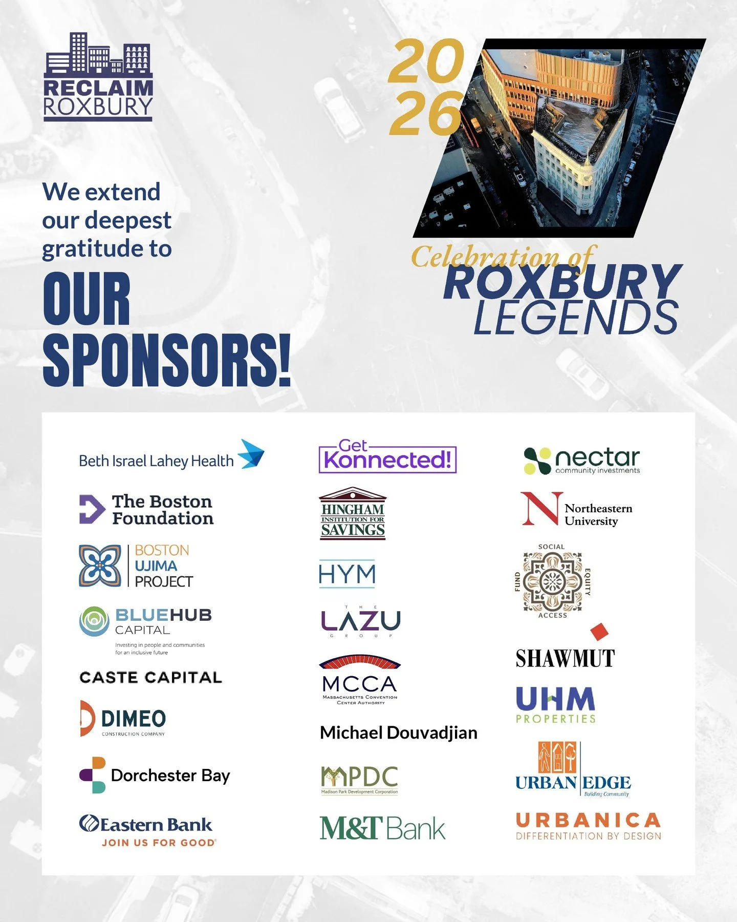 Thank you to our incredible 2026 Roxbury Legends sponsors! Because of your support, we&rsquo;re able to celebrate the leaders shaping Roxbury&rsquo;s future while continuing the work to ensure our community benefits from the growth happening in Nubia