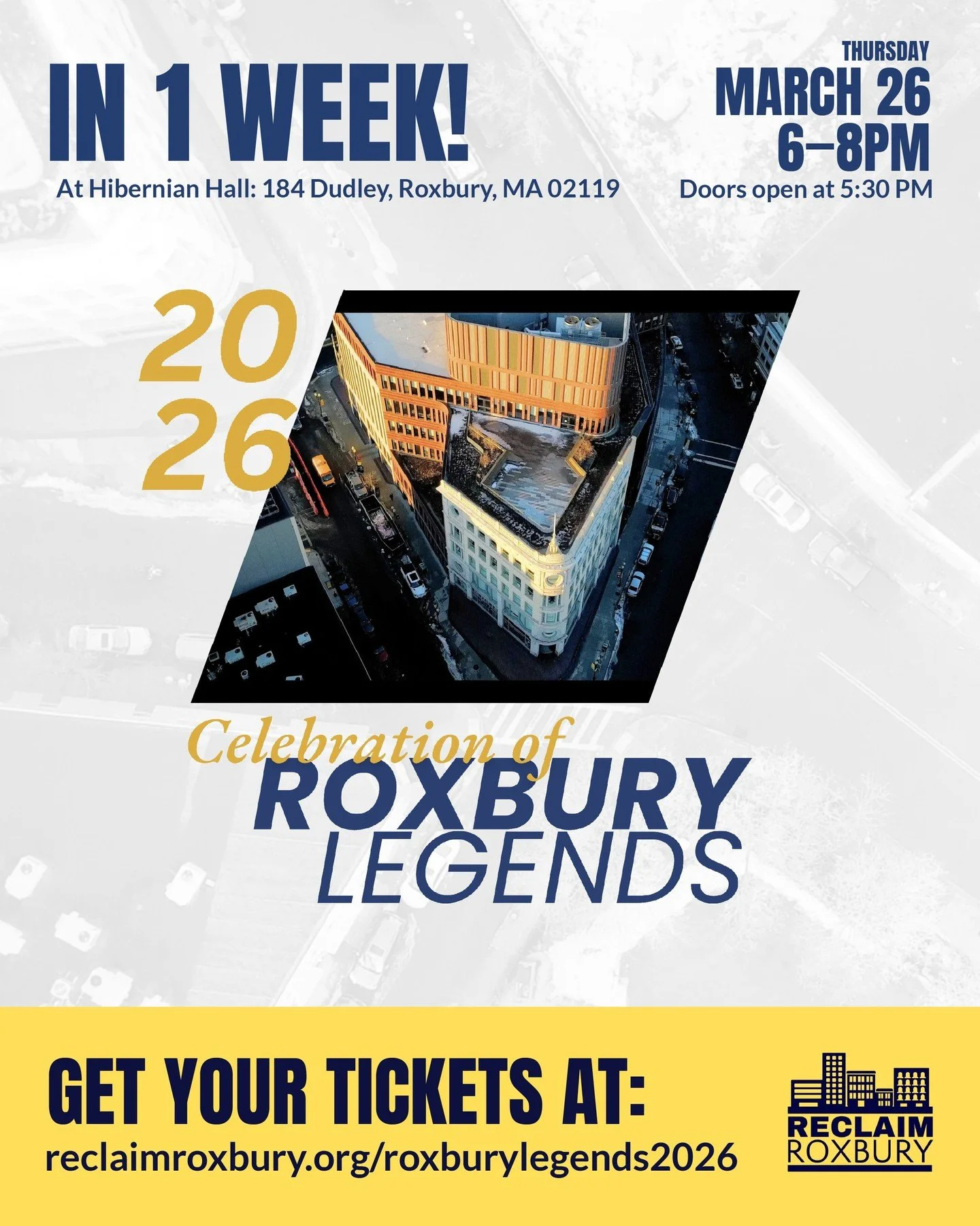⏳ One week to go! The Celebration of Roxbury Legends is just around the corner. Join us Thursday, March 26th for a powerful evening celebrating the leaders helping shape the future of Roxbury and Nubian Square.

🕠 Doors open: 5:30 PM
🎤 Program begi