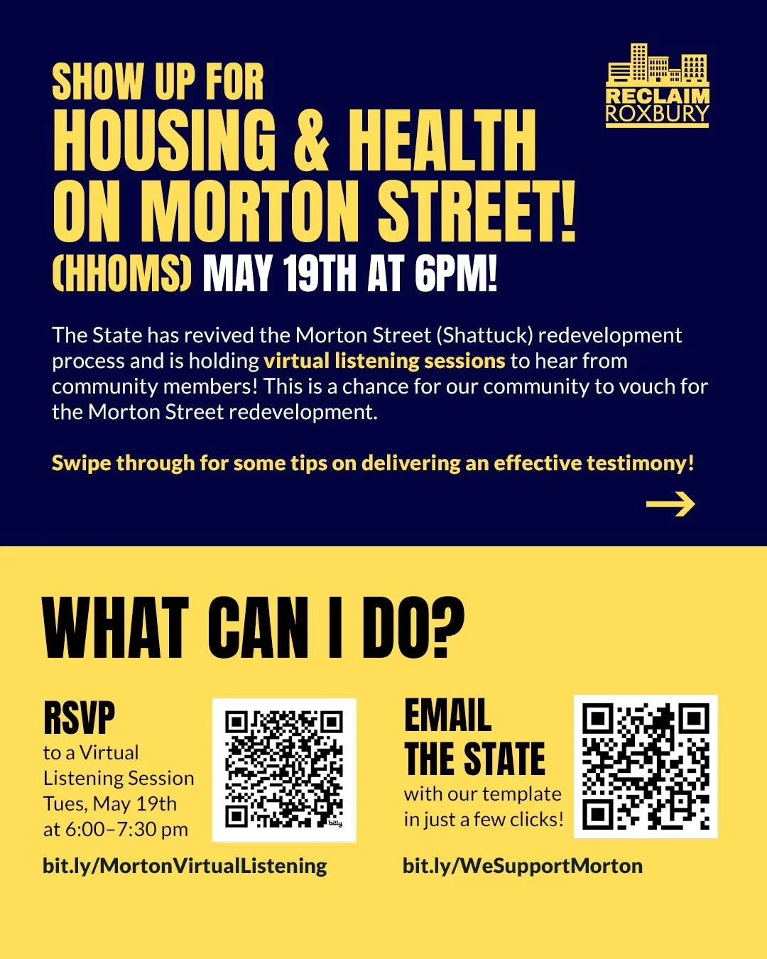The last listening session will be on May 19th at 6pm! It's not too late to show up and support housing, recovery services, and mental health care.

We need you to join the Housing &amp; Health on Morton Street (HHOMS) Coalition in calling for:
-Supp