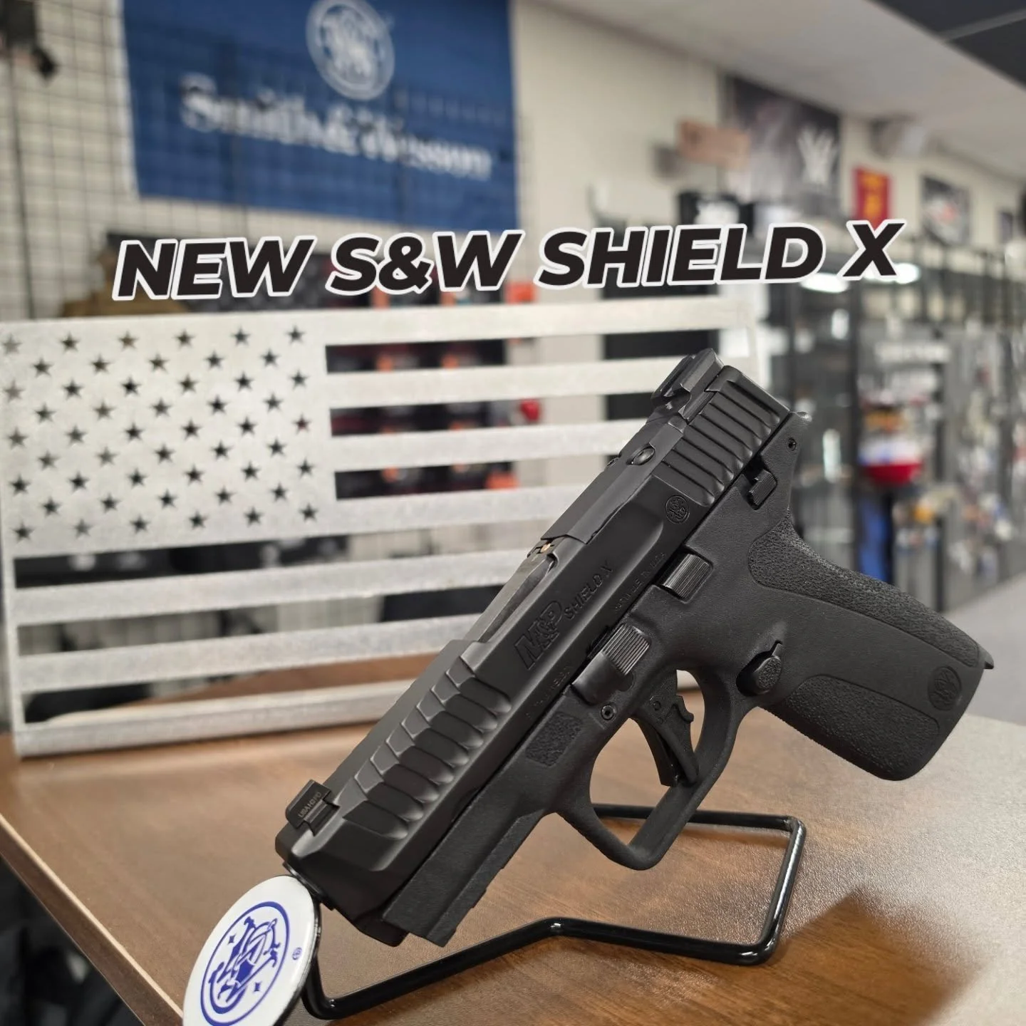 ~ Smith &amp; Wesson ~

~ M&amp;P Shield X CA Complinat ~

Type: 	Pistol: Semi-Auto
Caliber: 	9MM LUGER
Finish: 	Matte Black Stainless Steel Slide
Action: 	Double Action Only
Stock: 	Black Polymer Frame
Sight: 	Ft: Ameriglo Trooper LumiGreen NS Rr: U